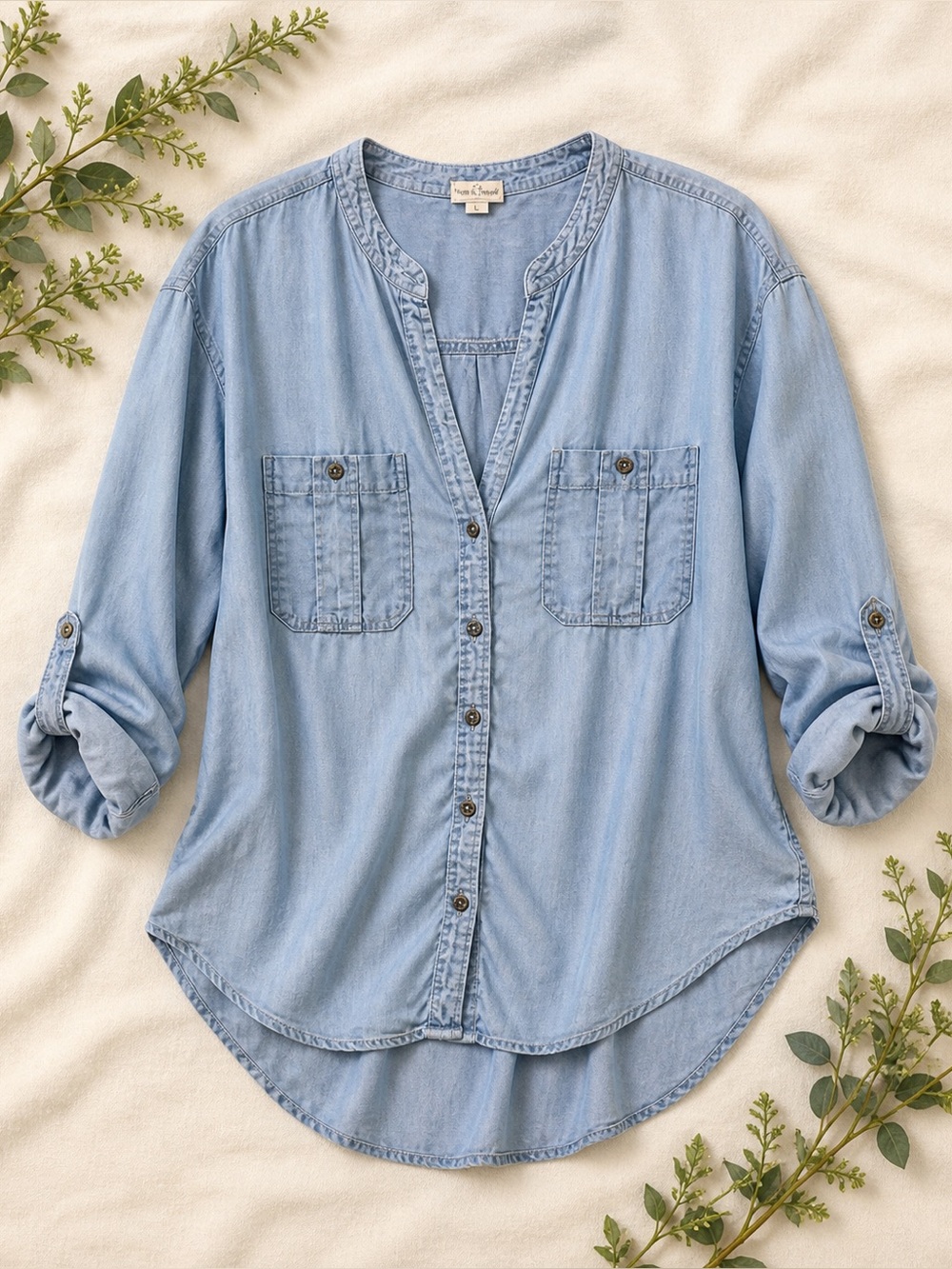 Anthropologie Hem & Thread Chambray Tunic Lightweight Denim Button Down Boho Top